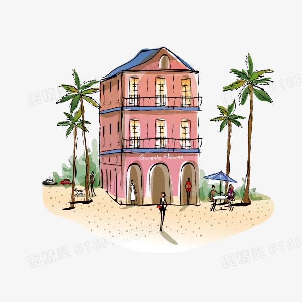 手绘城市建筑 插画 手绘 海滩 椰树