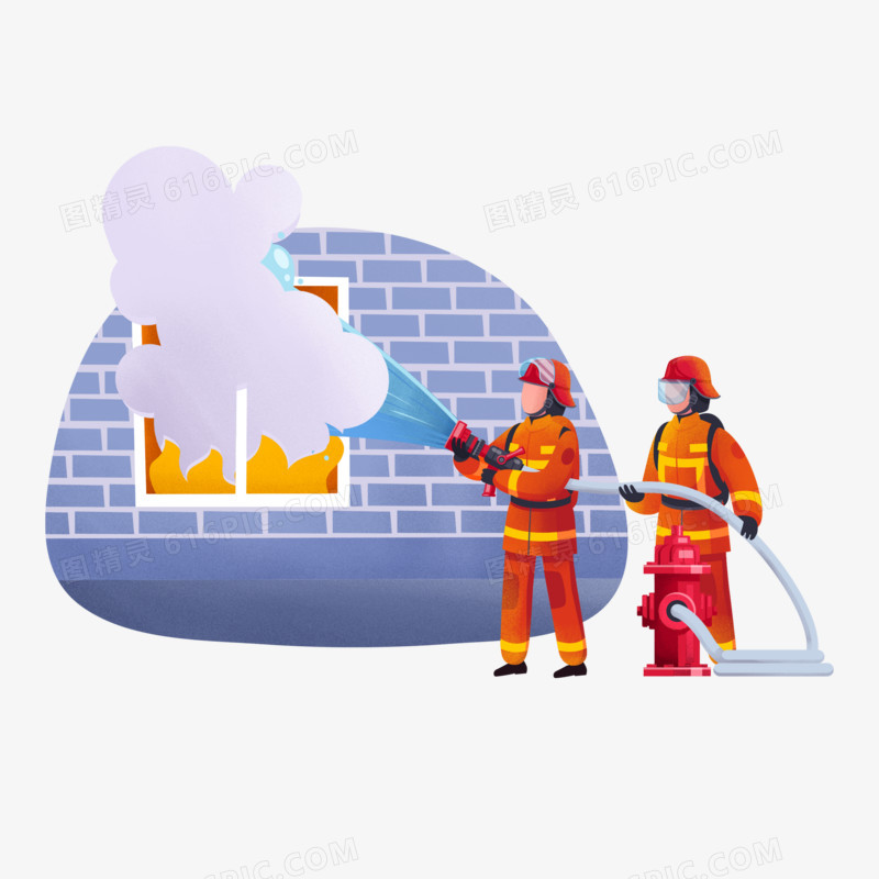 手绘卡通消防员救火现场素材