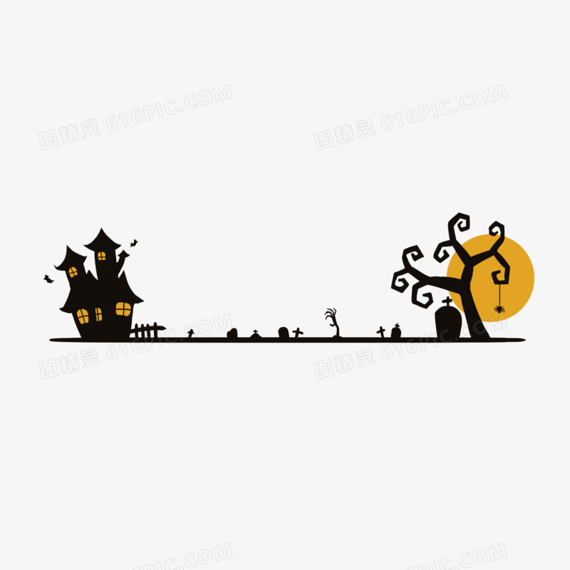 手绘卡通万圣节城堡枯树大月亮分割线元素
