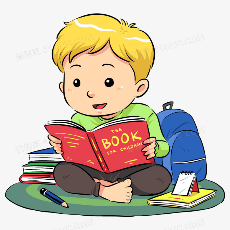 关键词:手绘卡通可爱男孩学习看书书本学习用品认真学习金发男孩书包