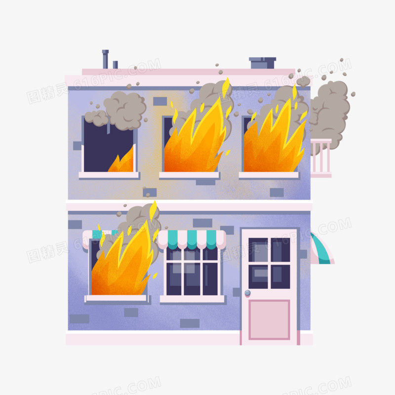 卡通手绘房子失火着火素材