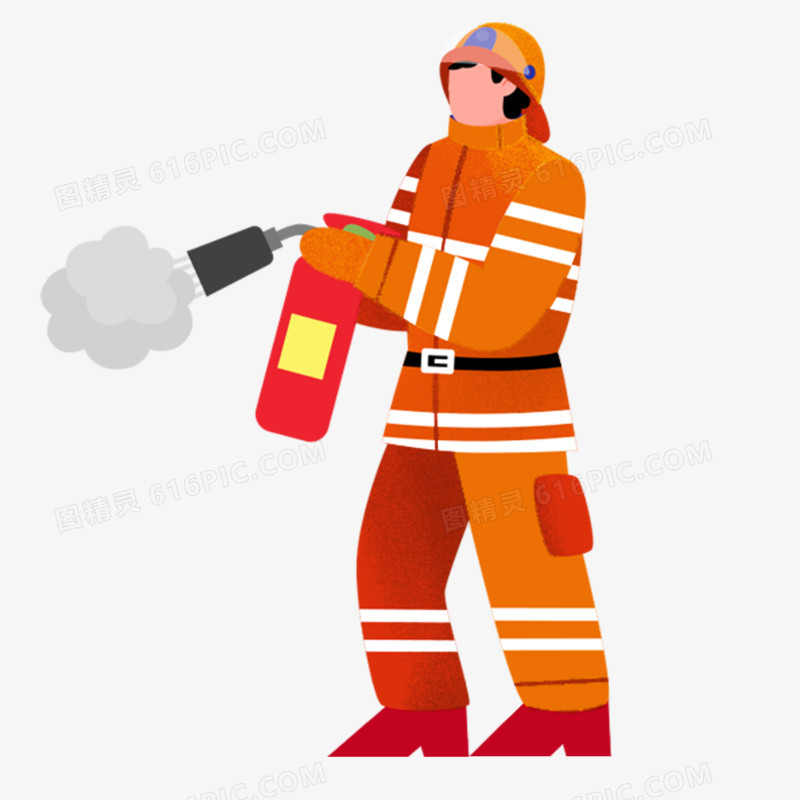 卡通手绘消防员使用灭火器素材