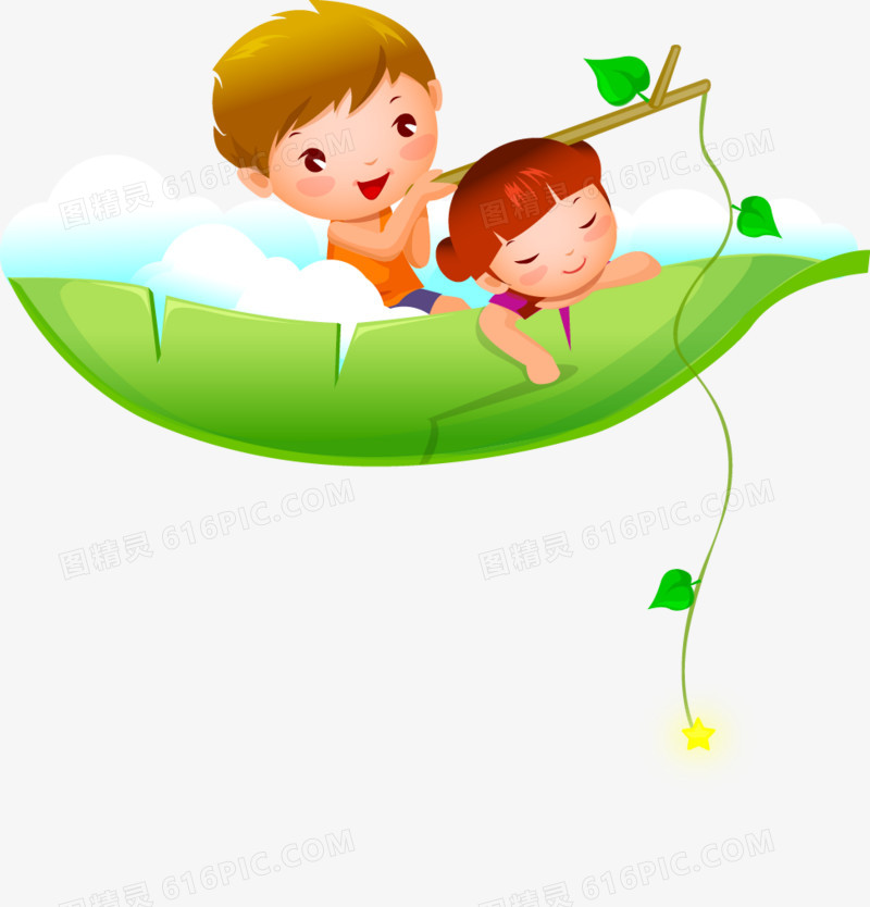 卡通可爱树叶船小孩