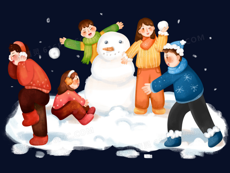 手绘卡通冬季好朋友们一起堆雪人免抠素材