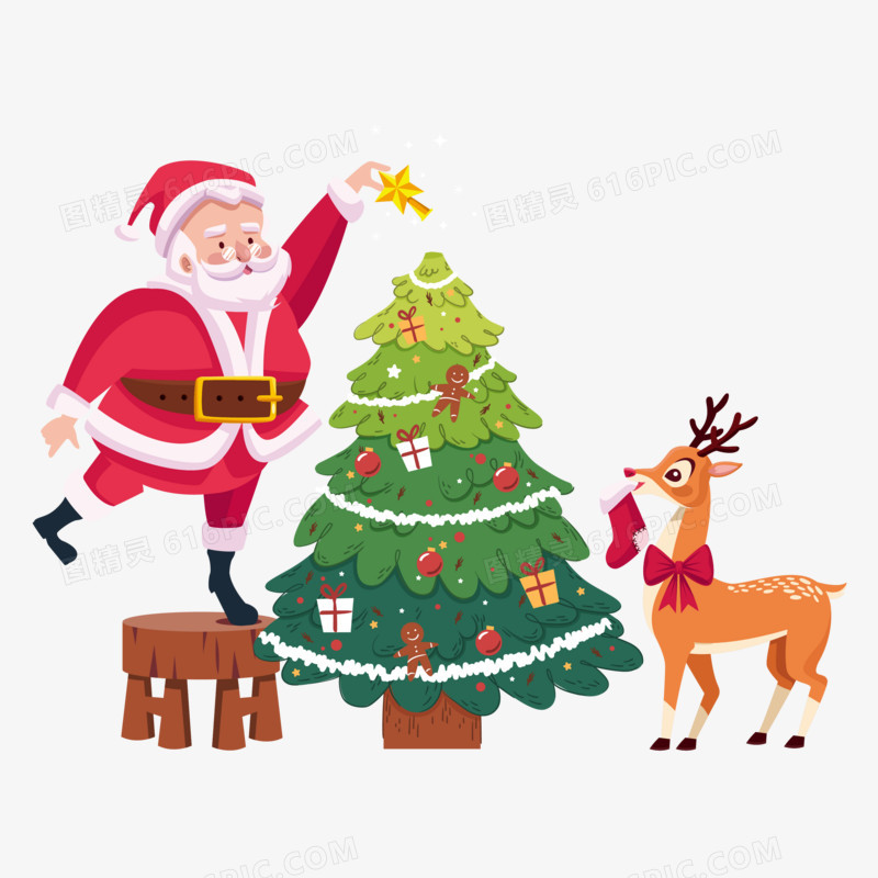 手绘卡通圣诞老人与麋鹿装饰圣诞树素材