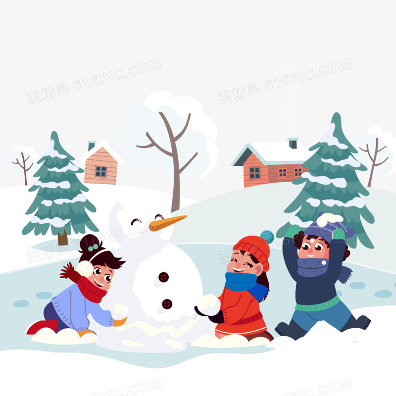 手绘卡通儿童在雪地堆雪人素材