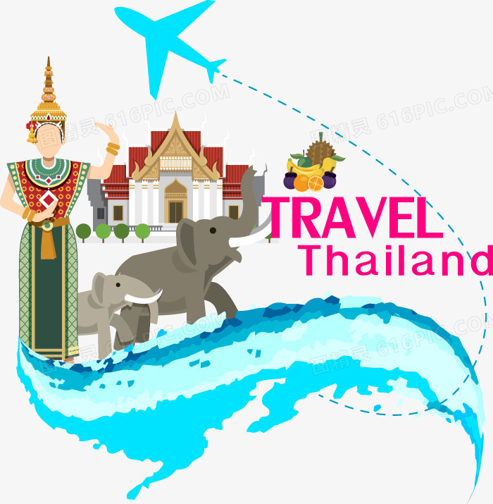 手绘飞机泰国建筑大象元素