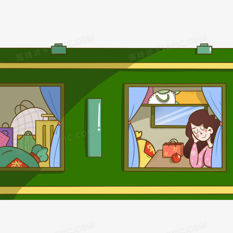 卡通手绘女孩新年坐绿皮火车回家素材