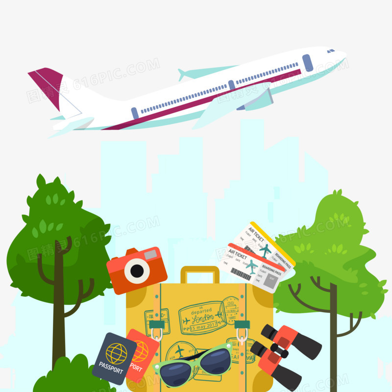 手绘飞机飞行旅行创意合成插画素材