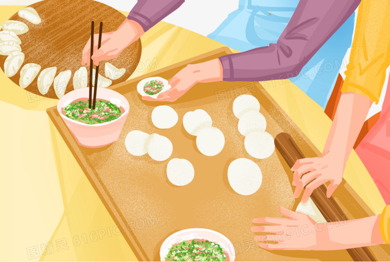 手绘一家人包饺子插画元素