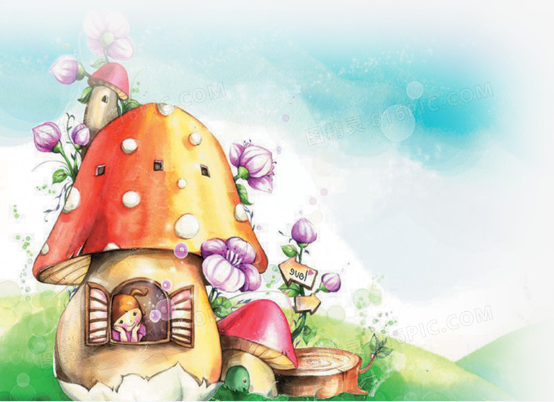 六一儿童节61蘑菇房子童话手绘