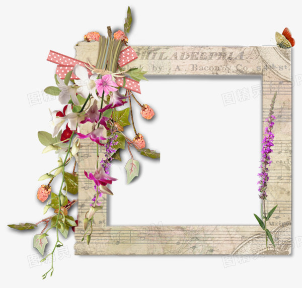 创意合成报纸木板花卉植物边框