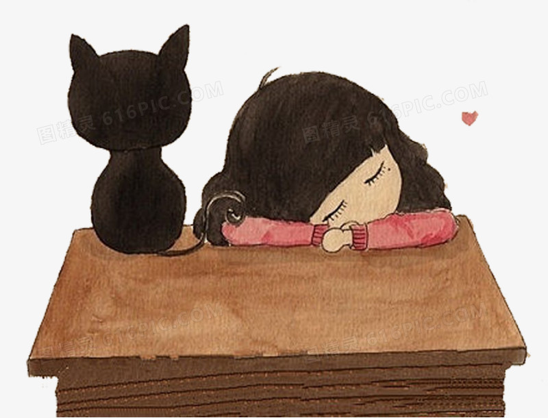 卡通手绘睡着女孩黑猫图