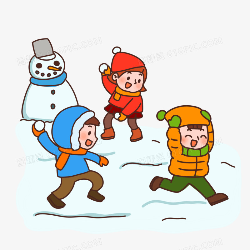 手绘卡通儿童玩耍打雪仗素材