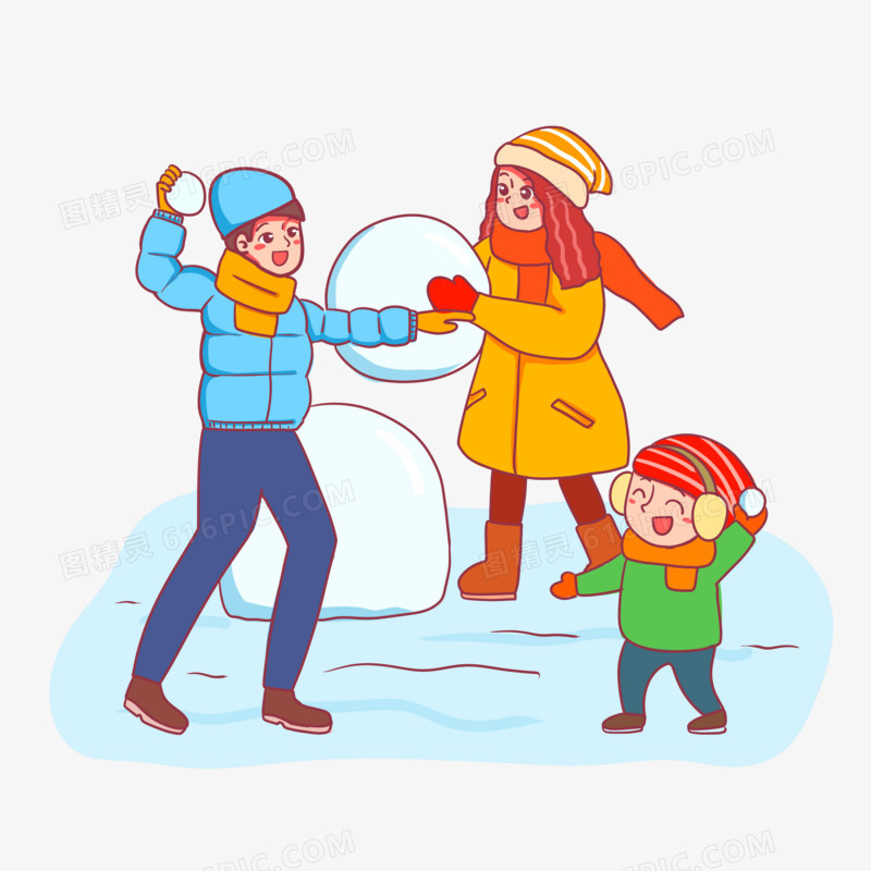 手绘卡通堆雪人打雪仗素材