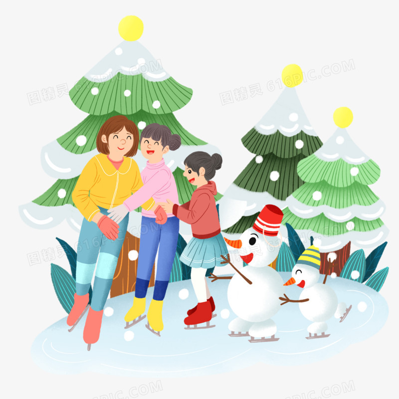 手绘插画风小朋友和雪人滑冰创意插画元素