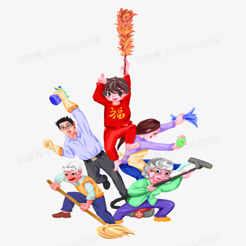 卡通手绘一家人春节打扫卫生素材