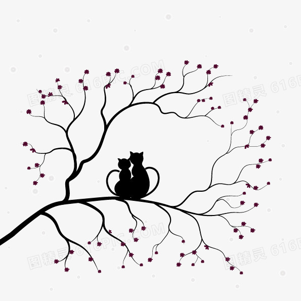 卡通猫咪枯树剪影背景装饰矢量图