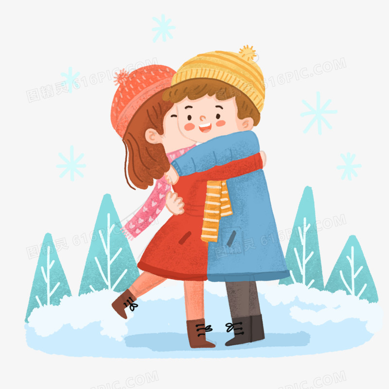 手绘卡通穿冬装拥抱的情侣插画免抠元素