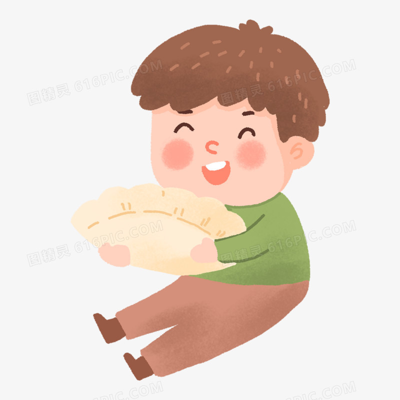 手绘插画风卡通小男孩抱着饺子免抠元素