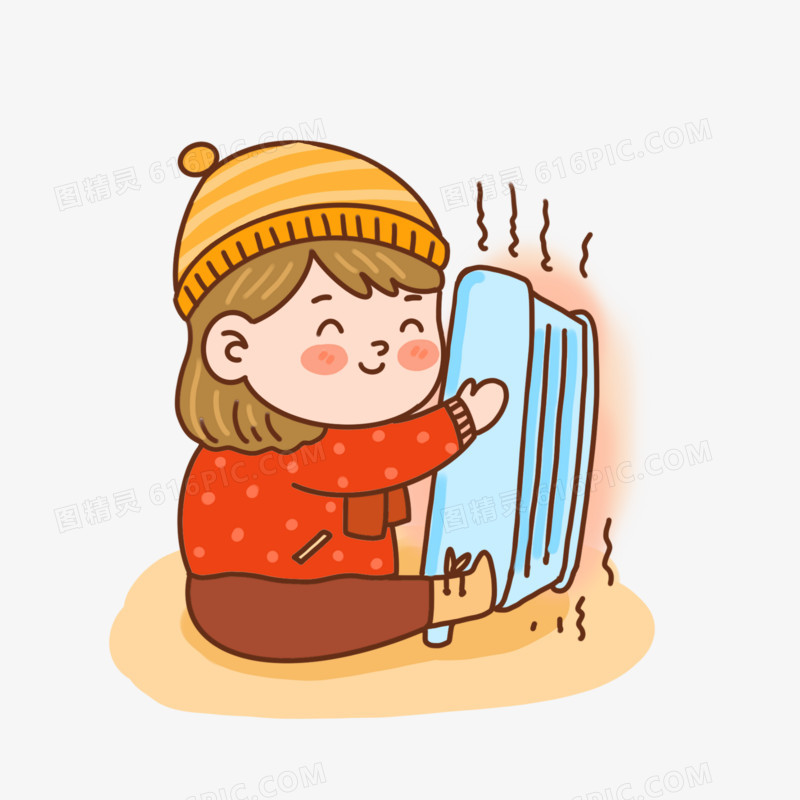 手绘卡通女孩抱着暖风机取暖插画免抠元素
