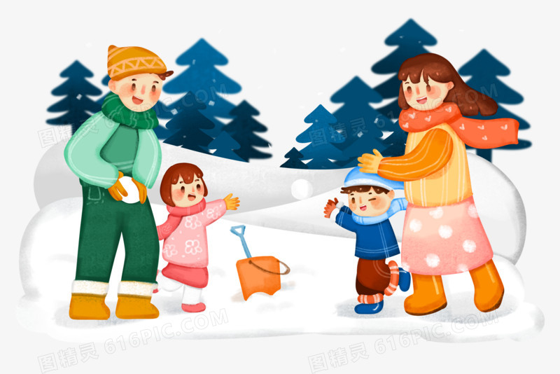 手绘卡通一家人户外打雪仗免抠素材