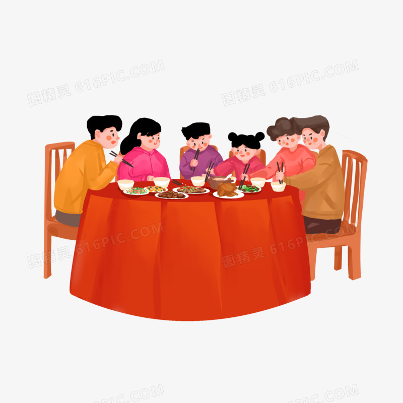 手绘卡通一家人吃团圆饭元素
