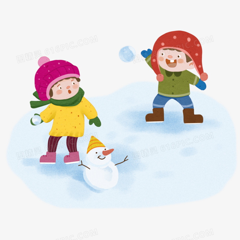 手绘小孩打雪仗免抠素材