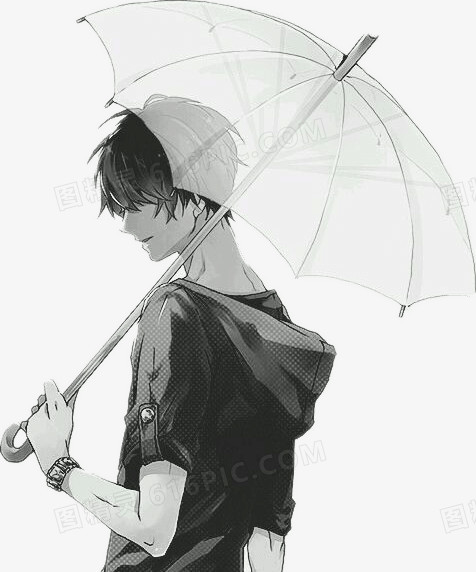 卡通立绘水墨男孩撑着雨伞