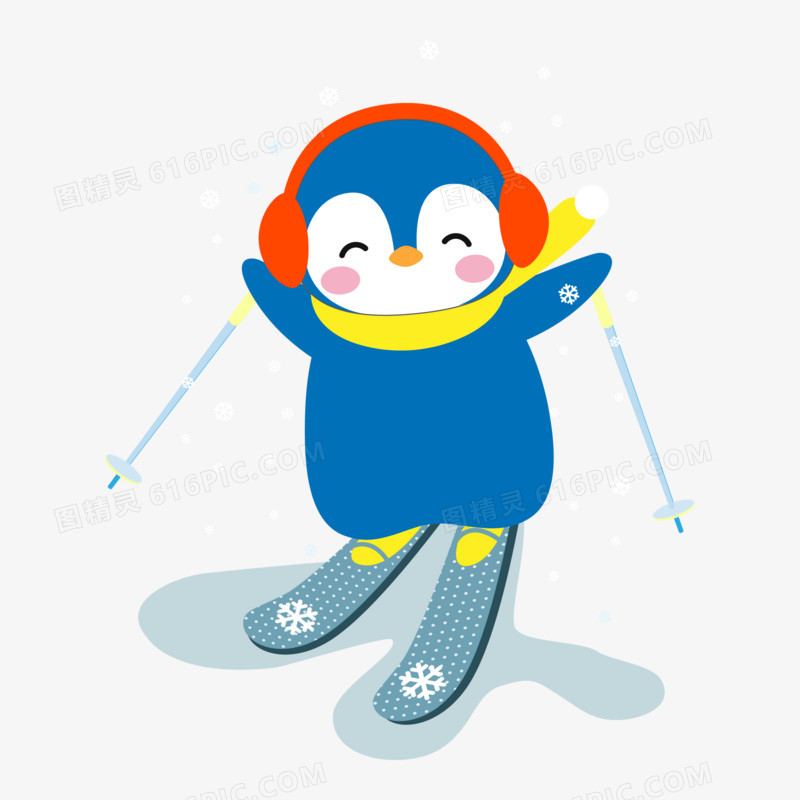 卡通手绘企鹅滑雪素材
