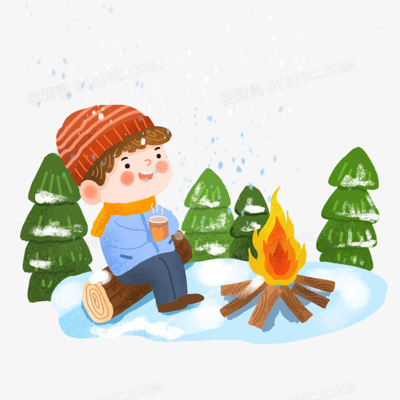 手绘卡通烤火取暖的男孩插画免抠元素