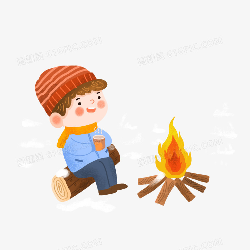 卡通手绘取暖烤火和热水的男孩免抠素材