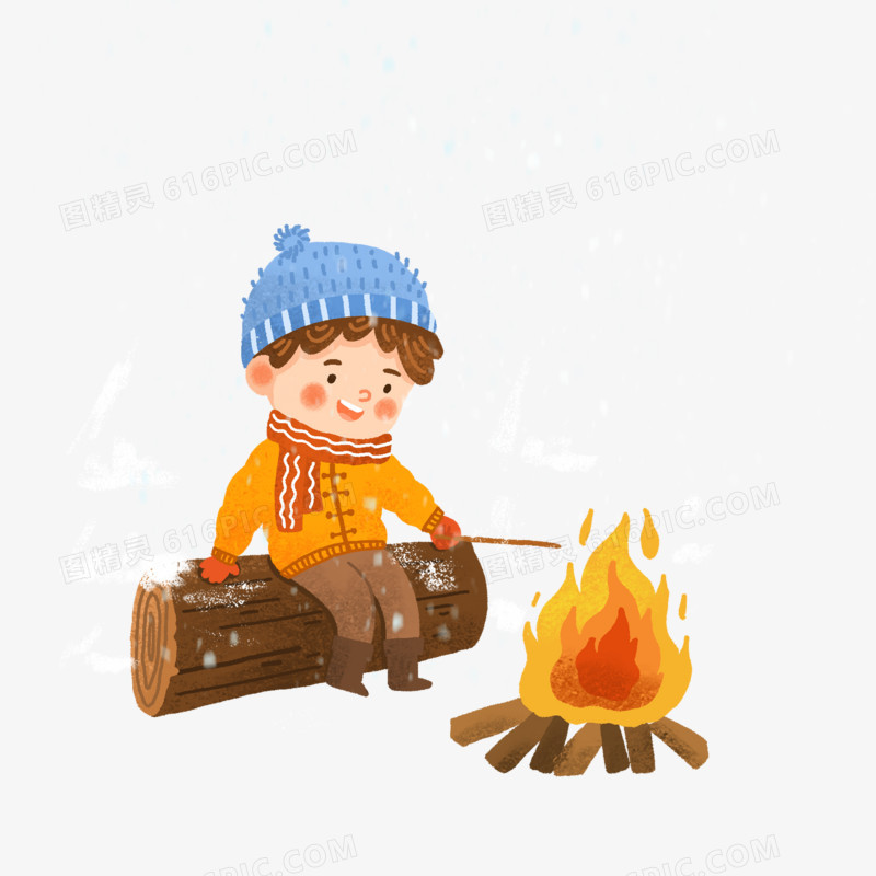 卡通手绘小男孩烤火取暖素材