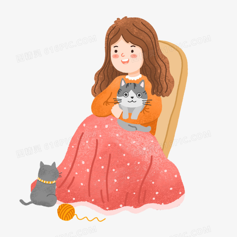 卡通手绘抱猫咪的女孩素材
