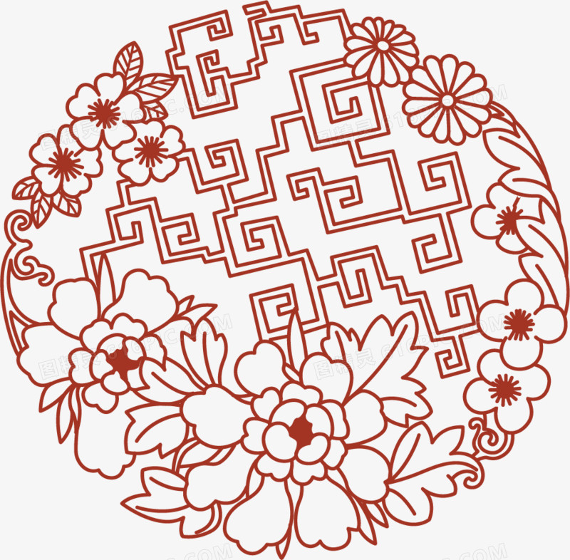 矢量手绘中式花纹剪纸