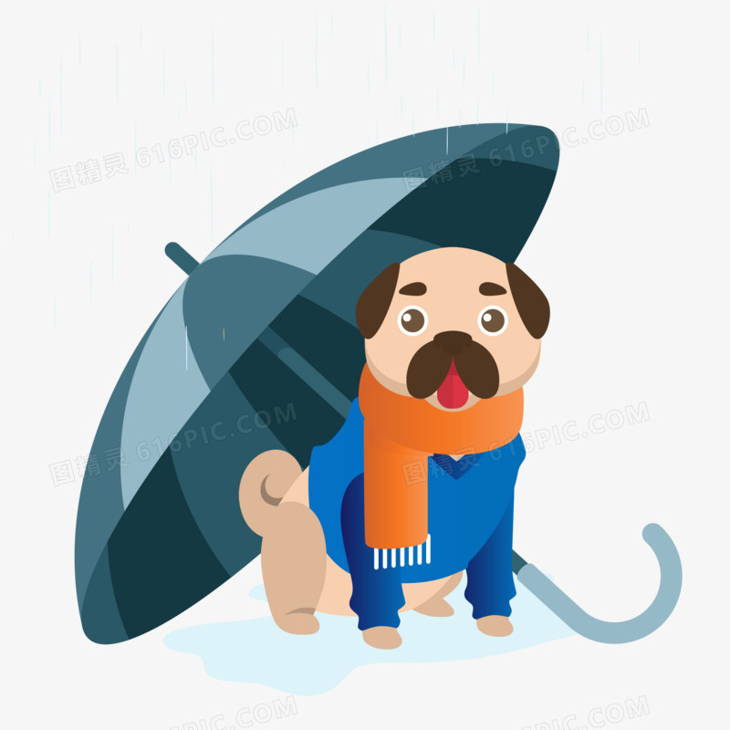 手绘卡通雨中撑伞的小狗素材