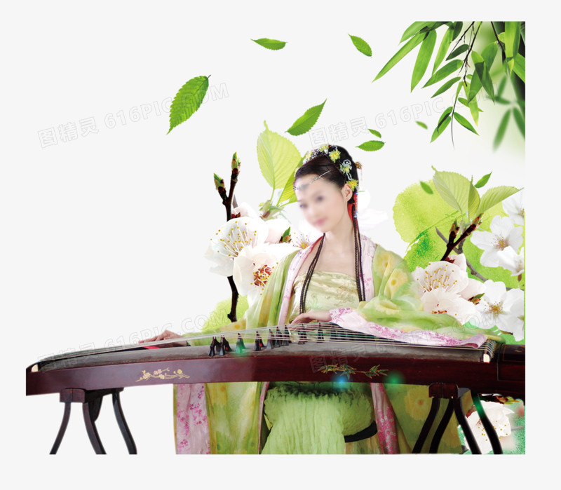 中国风古筝美女竹叶漂浮树叶桃花