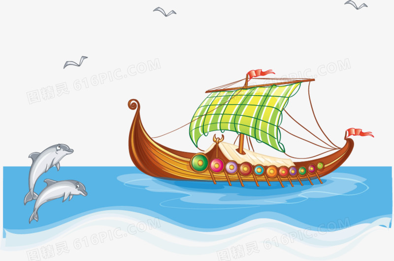 卡通手绘海平面帆船轮船