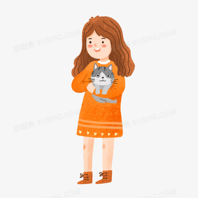 卡通手绘抱猫咪的女孩免抠素材