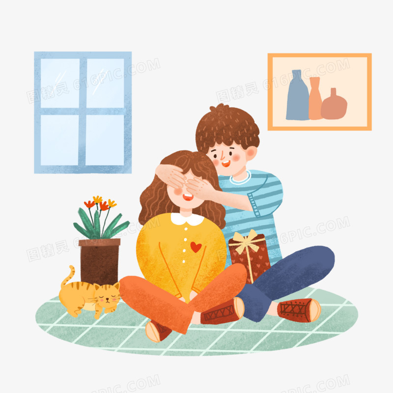 手绘卡通情侣蒙眼给惊喜场景插画免抠元素