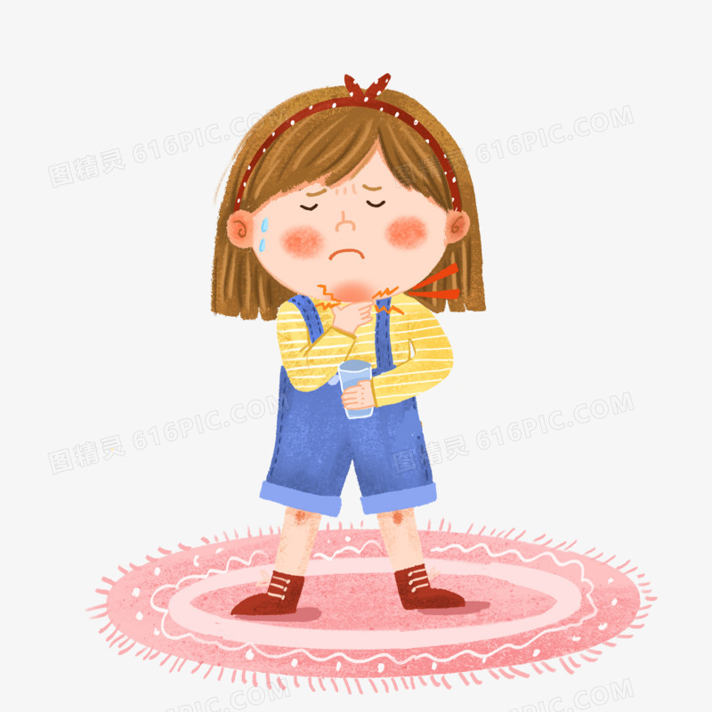 手绘卡通喉咙痛的女孩插画免抠元素
