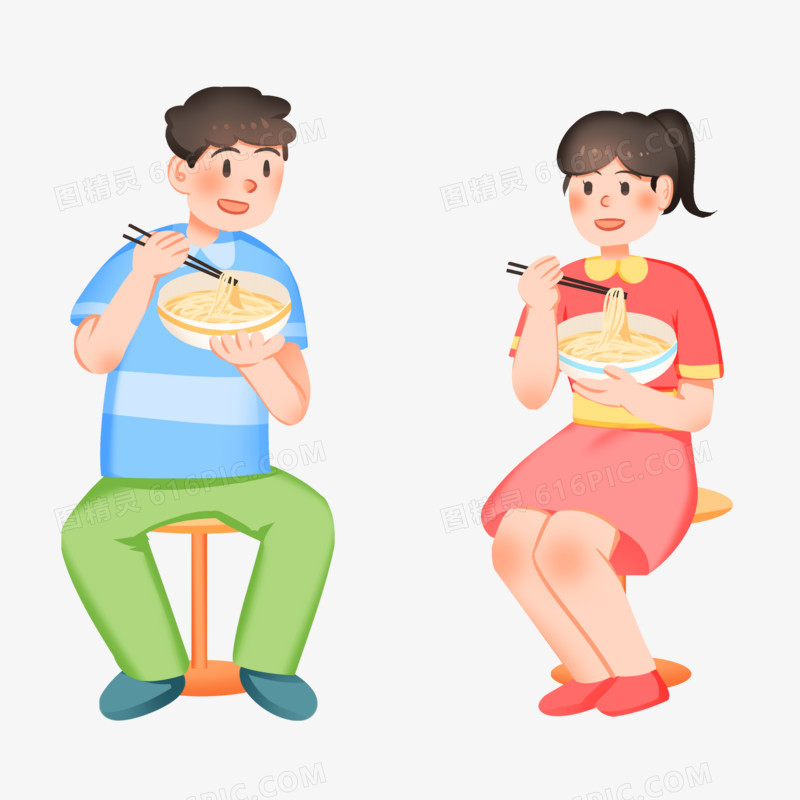 手绘卡通吃面条的人物免抠素材