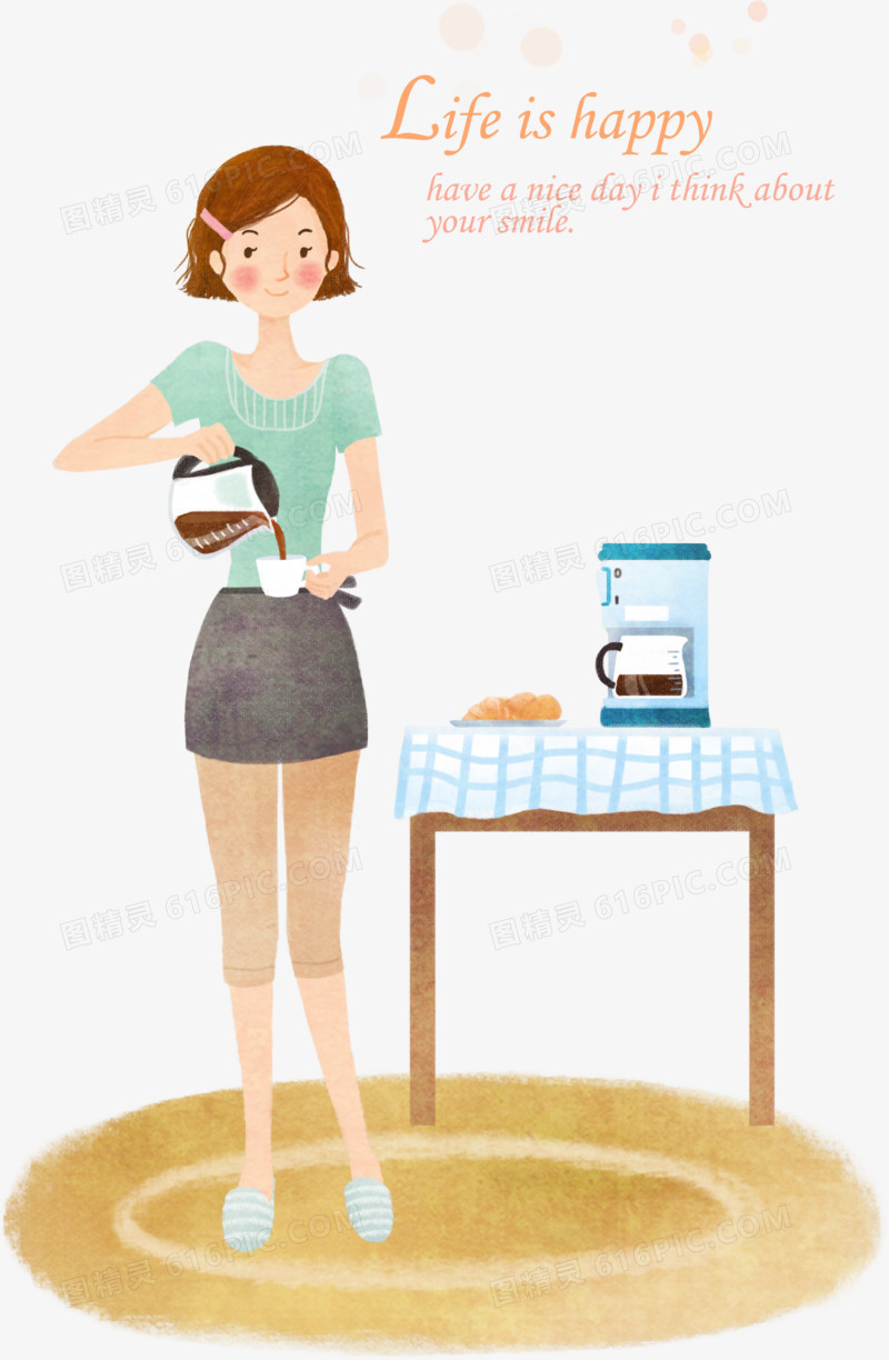 手绘可爱倒咖啡的女生插画卡通PSD素材