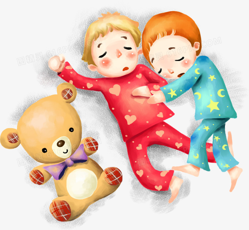 睡觉的卡通男孩与小熊