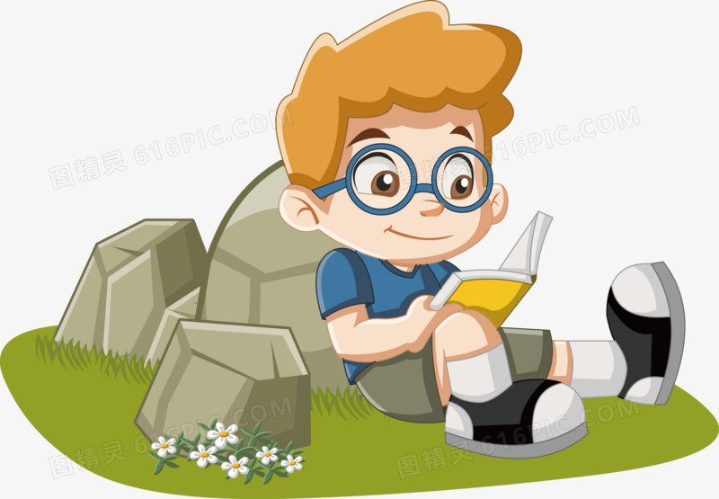 坐在草地上看书的小男孩