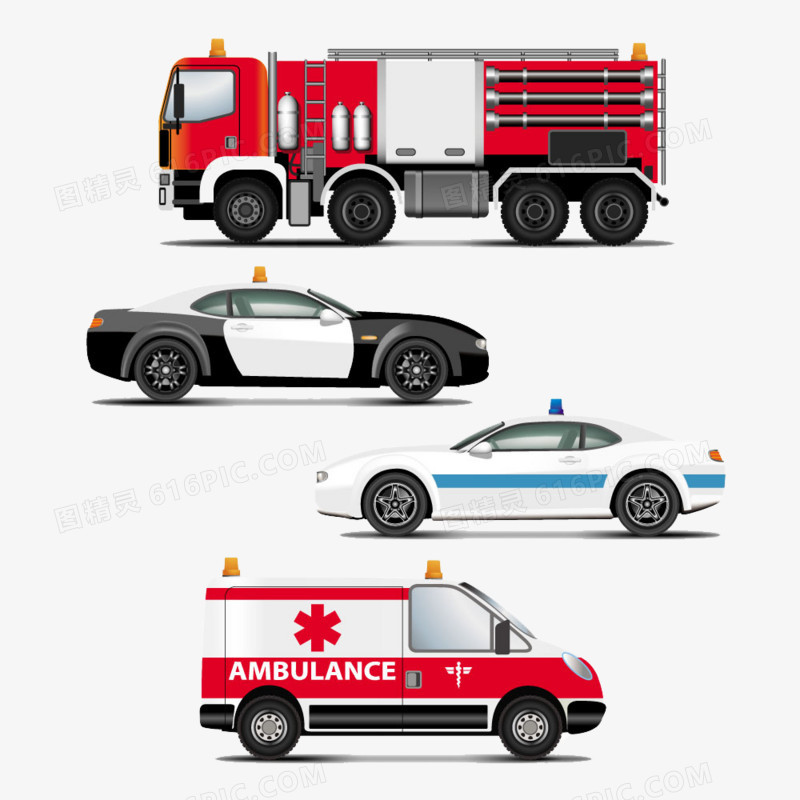 卡通手绘消防车警车和急救车