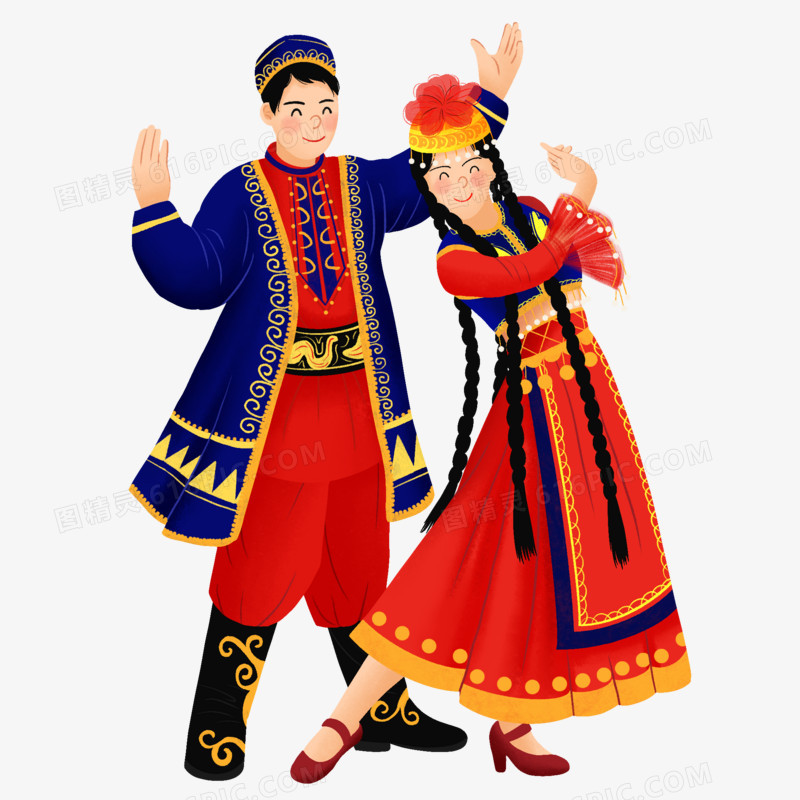 手绘插画风新疆人跳舞元素