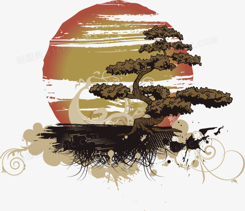 矢量手绘古典松树与落日