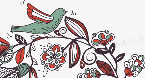 飞鸟花纹手绘装饰图案
