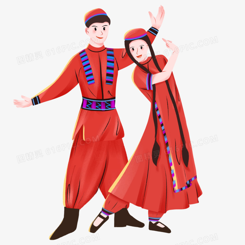 手绘卡通跳新疆舞男女素材